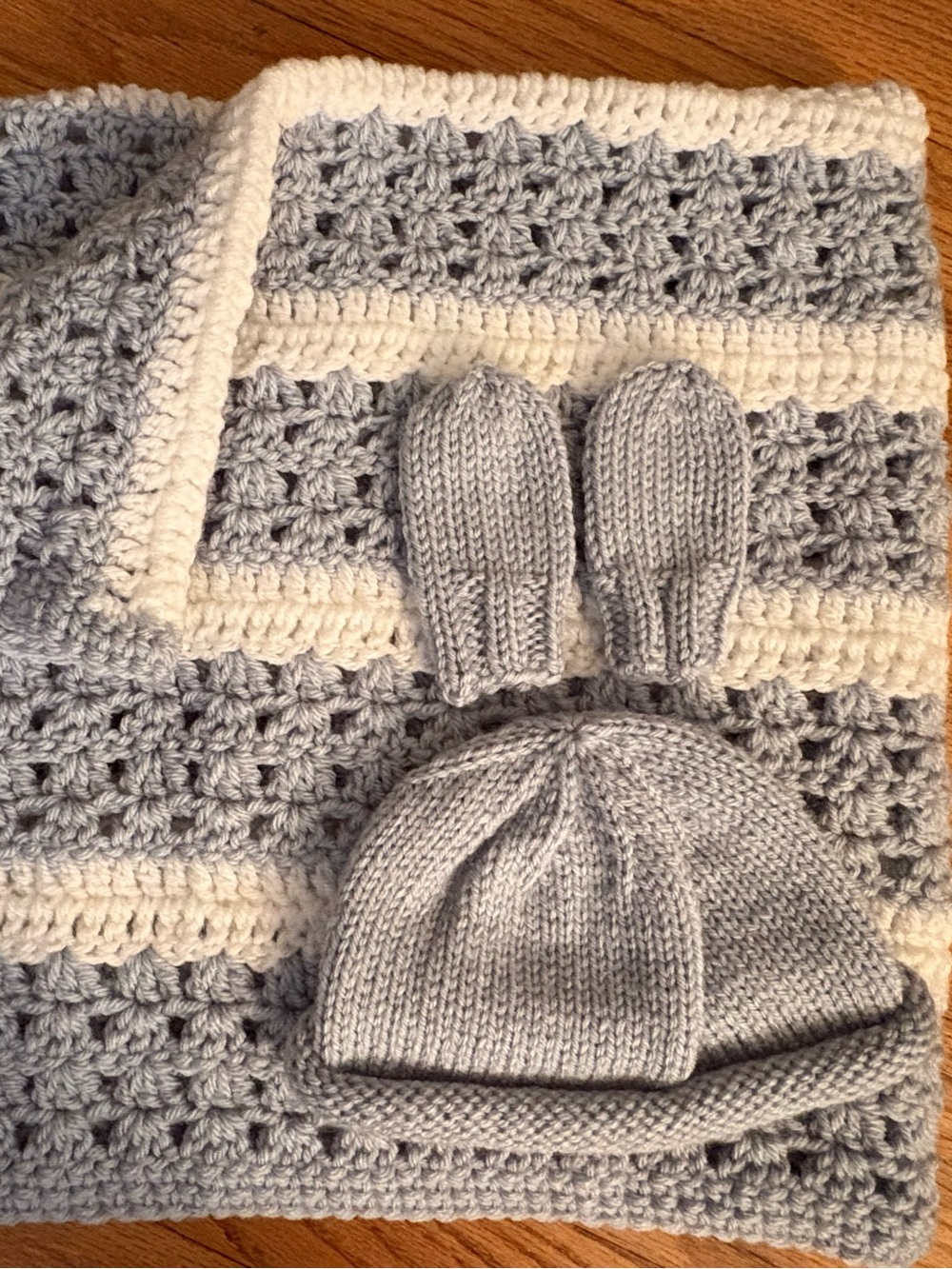 Handmade Baby Hat, Mittens & Blanket Set - Light Blue and White